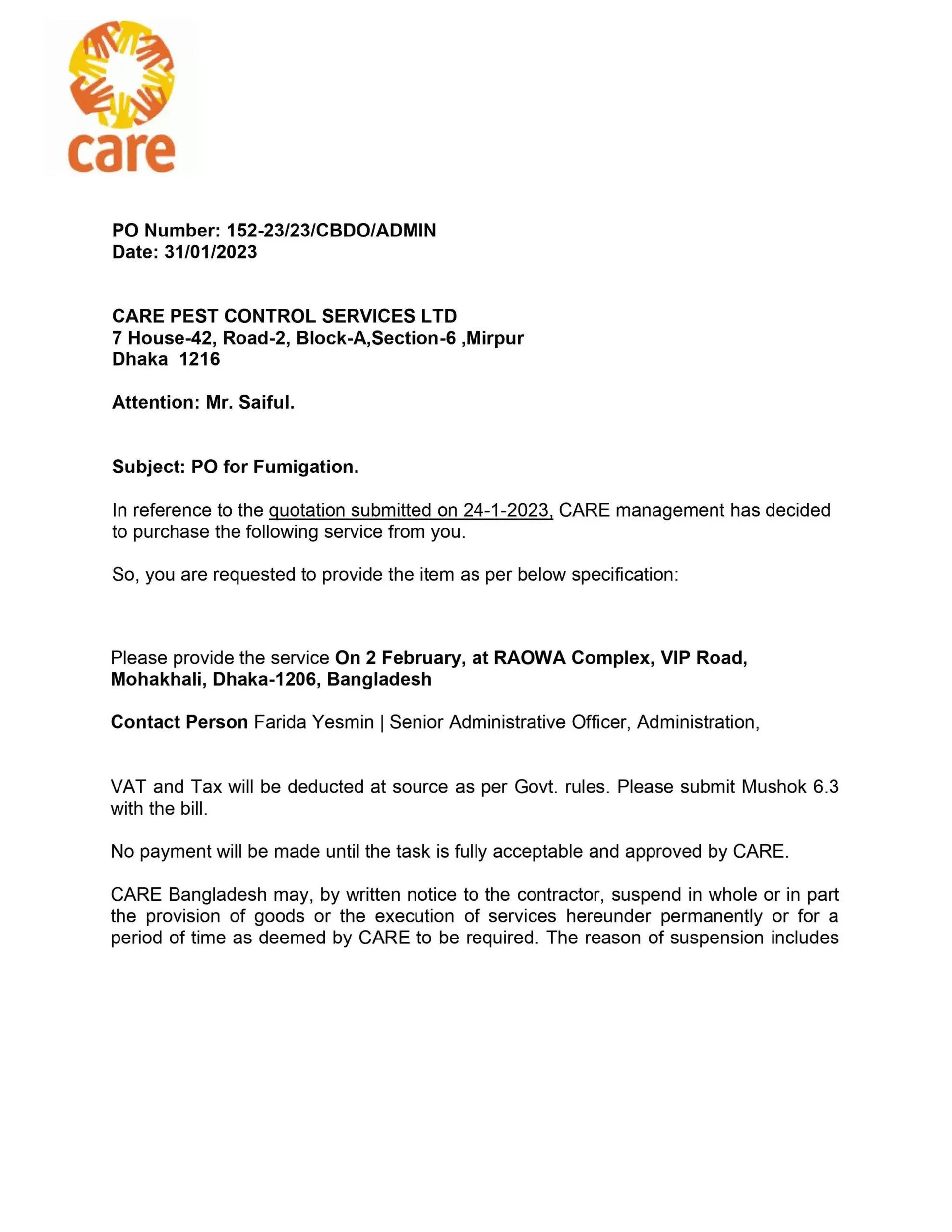 Care Pest Control Services BD Client Feedback-3